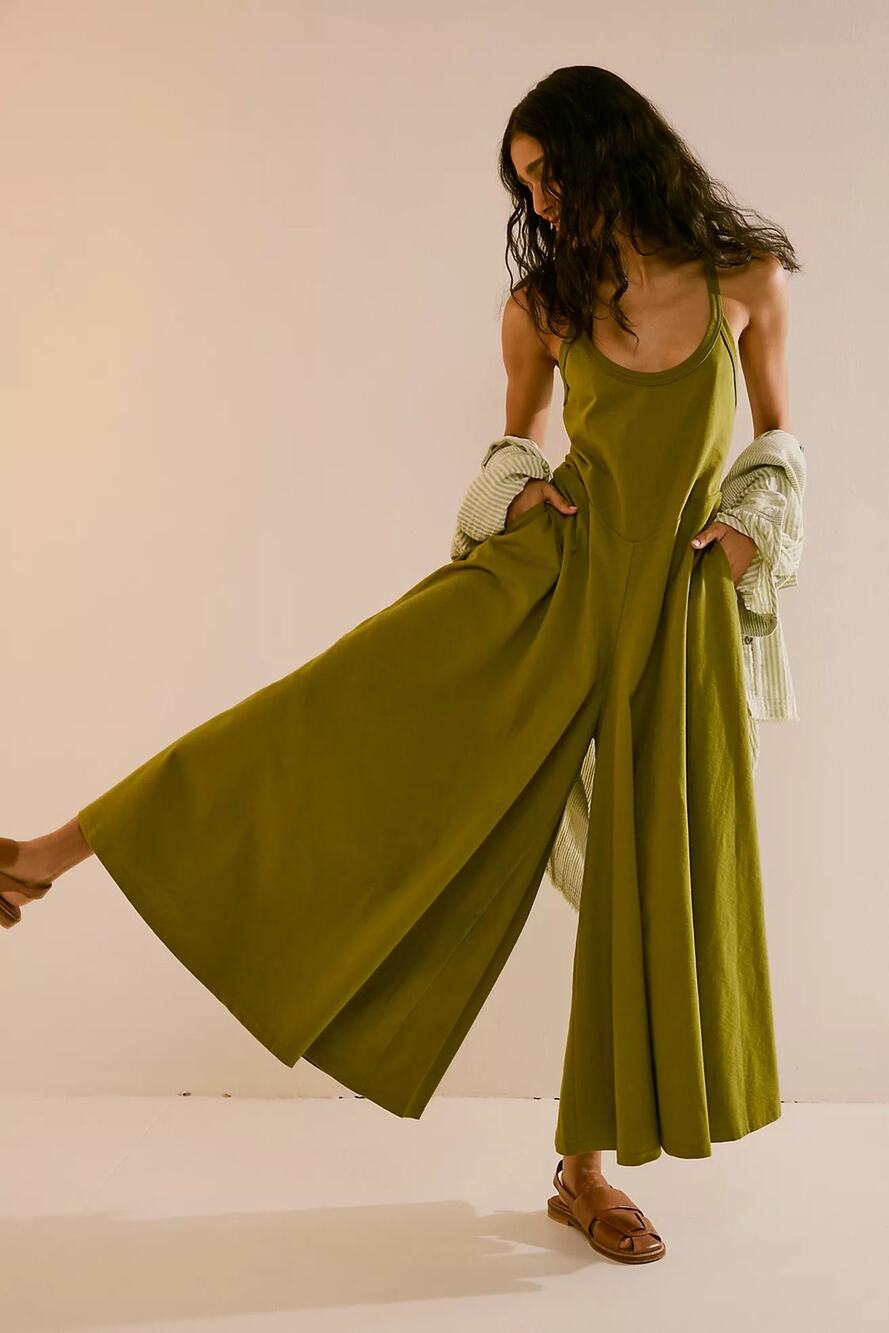 Free People Beach Cindy One Piece Jumpsuit L Cardamom Seed Cotton Wide Leg Boho